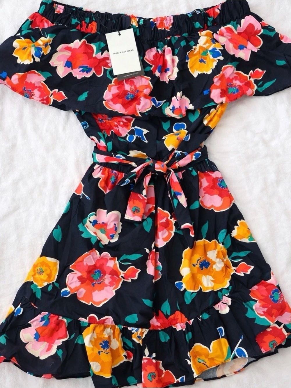 WHO WHAT WEAR Floral Off-Shoulder Short Dress, Ruffle Belt Multicolor A-Line